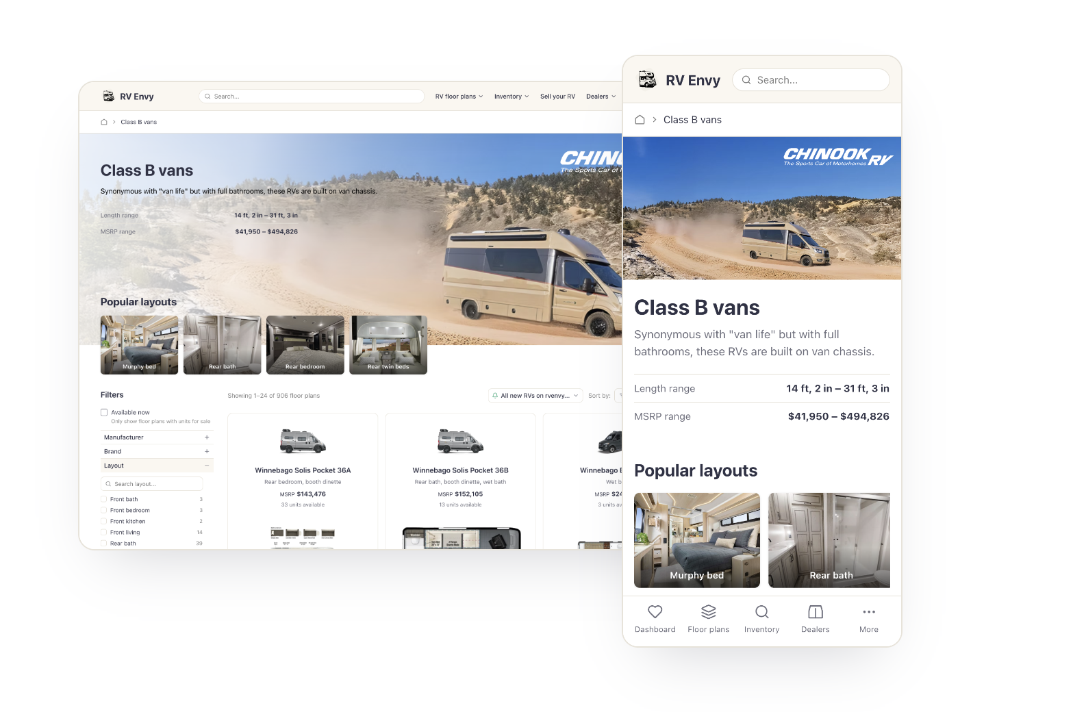 The RV Envy Class B vans page on desktop and mobile, carrying Chinook RV branding across the hero image alongside popular layouts and floor plan results.
